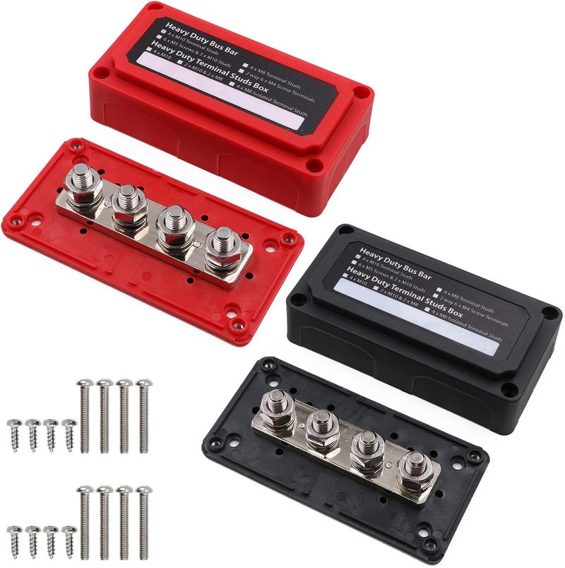 T Tocas 2PCS 300A Bus Bar Box with Cover 4X 3/8" (M10) Studs 300 Amp 12V - 48V DC Power Distribution Block Busbar Black & Red - Image 1